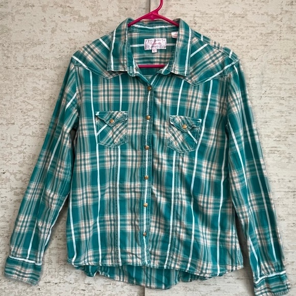 Panhandle Legends of Rodeo Torquoise Plaid Flannel Shirt Sz Large Wood Snaps - Picture 1 of 16